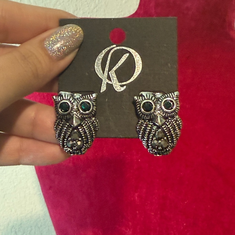 Silver Owl Earrings with Emerald Green Eyes